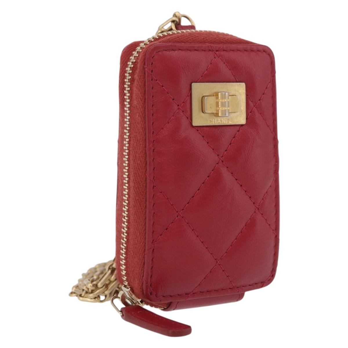 CHANEL 2.55 Matelasse Chain Neck Pouch Lamb Skin Red Gold CC Auth 207080M