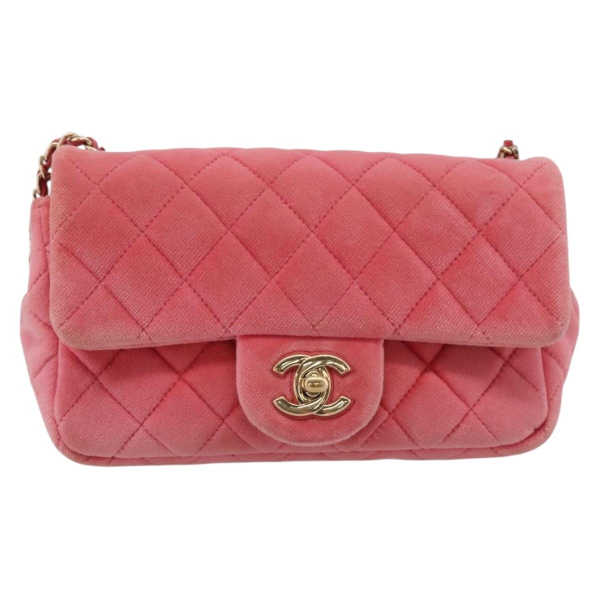 CHANEL Matelasse Chain Shoulder Bag Velor Pink Gold CC Auth 207081SM