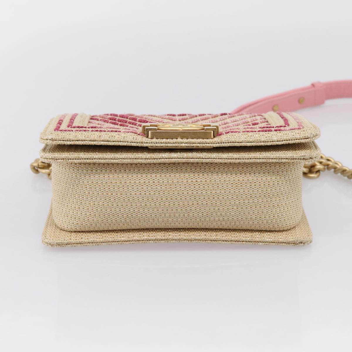 CHANEL Boy Chanel Chain Shoulder Bag Raffia Beige Gold CC Auth 207083SM
