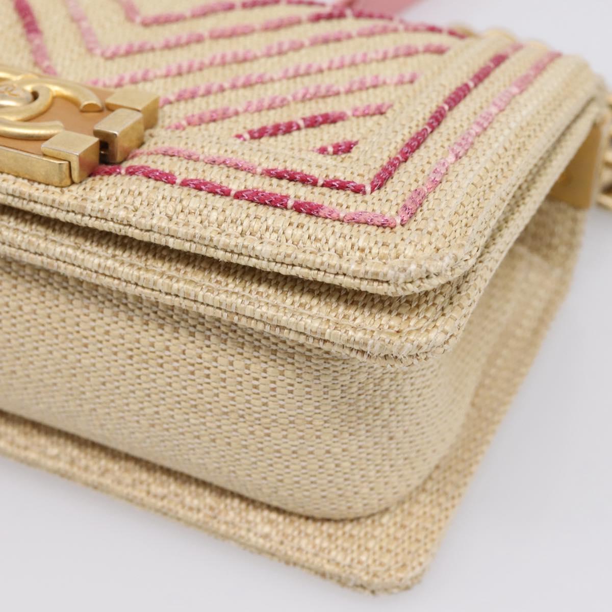 CHANEL Boy Chanel Chain Shoulder Bag Raffia Beige Gold CC Auth 207083SM