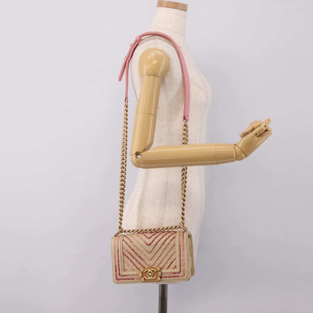 CHANEL Boy Chanel Chain Shoulder Bag Raffia Beige Gold CC Auth 207083SM