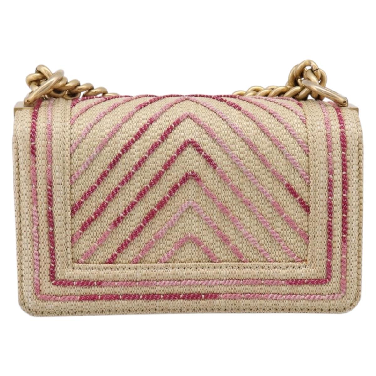 CHANEL Boy Chanel Chain Shoulder Bag Raffia Beige Gold CC Auth 207083SM