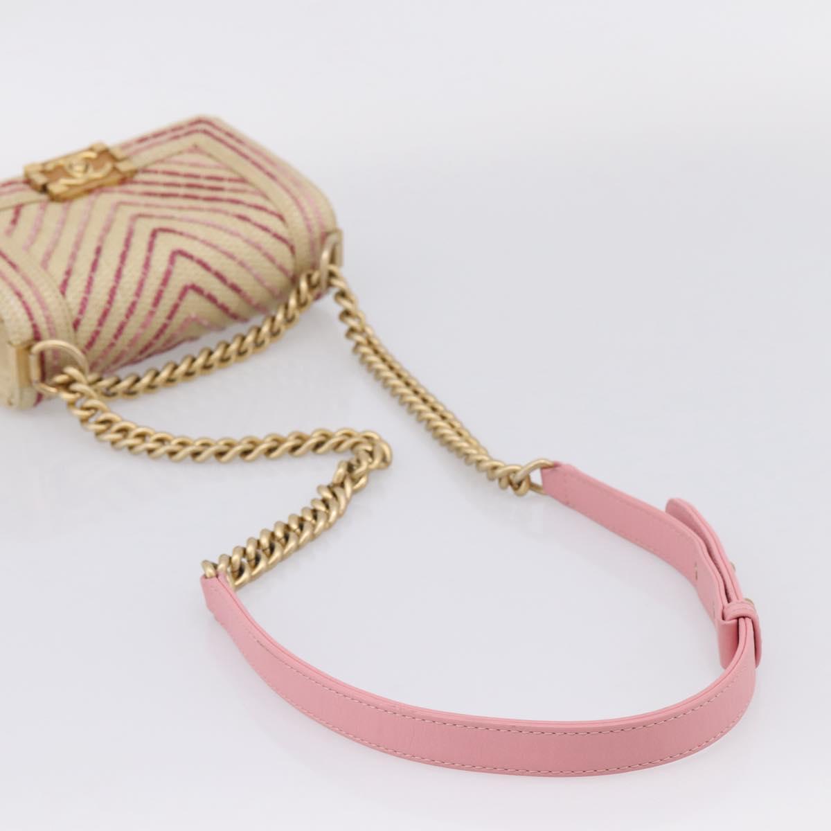 CHANEL Boy Chanel Chain Shoulder Bag Raffia Beige Gold CC Auth 207083SM