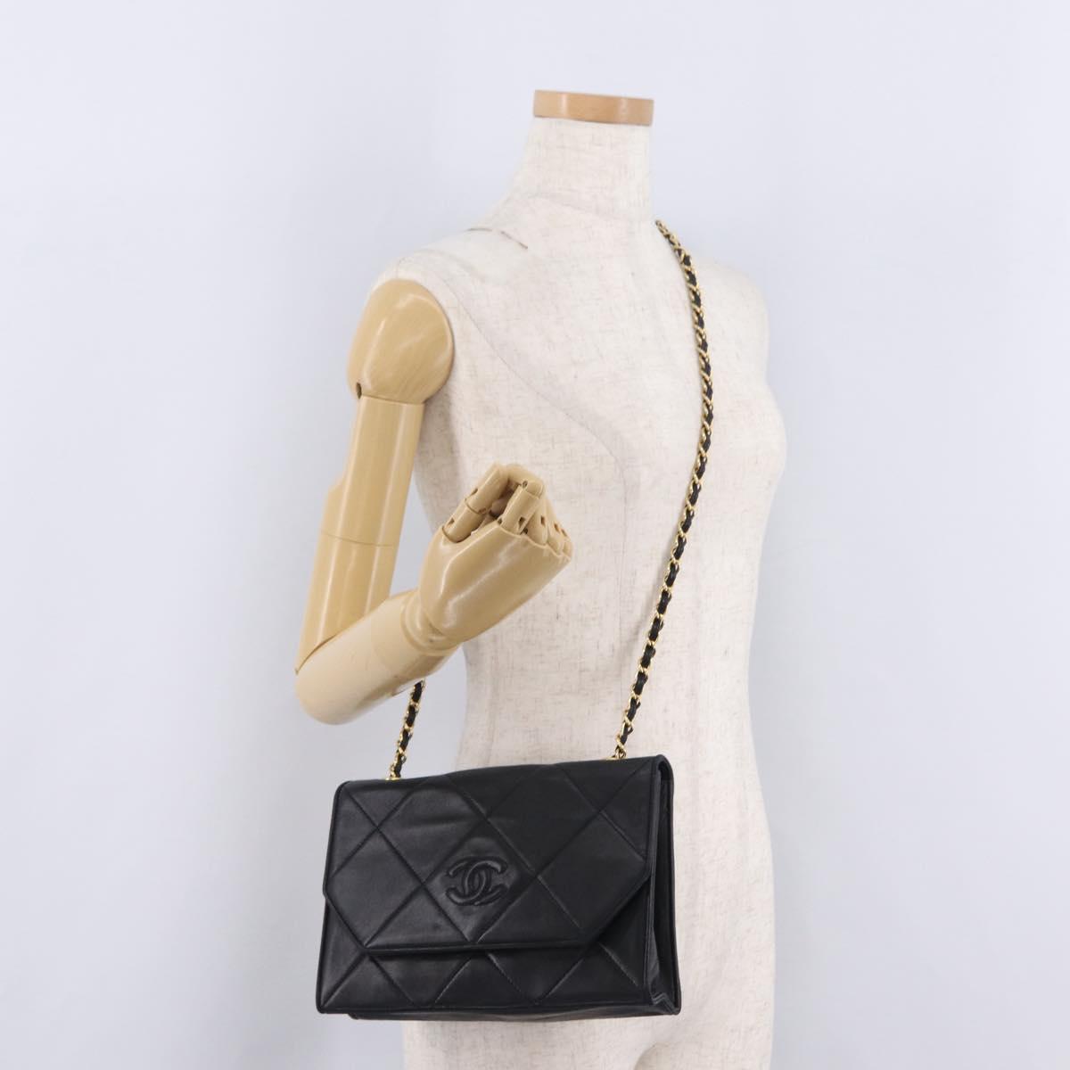 CHANEL Chain Matelasse Shoulder Bag Lamb Skin Black Gold CC Auth 207084V