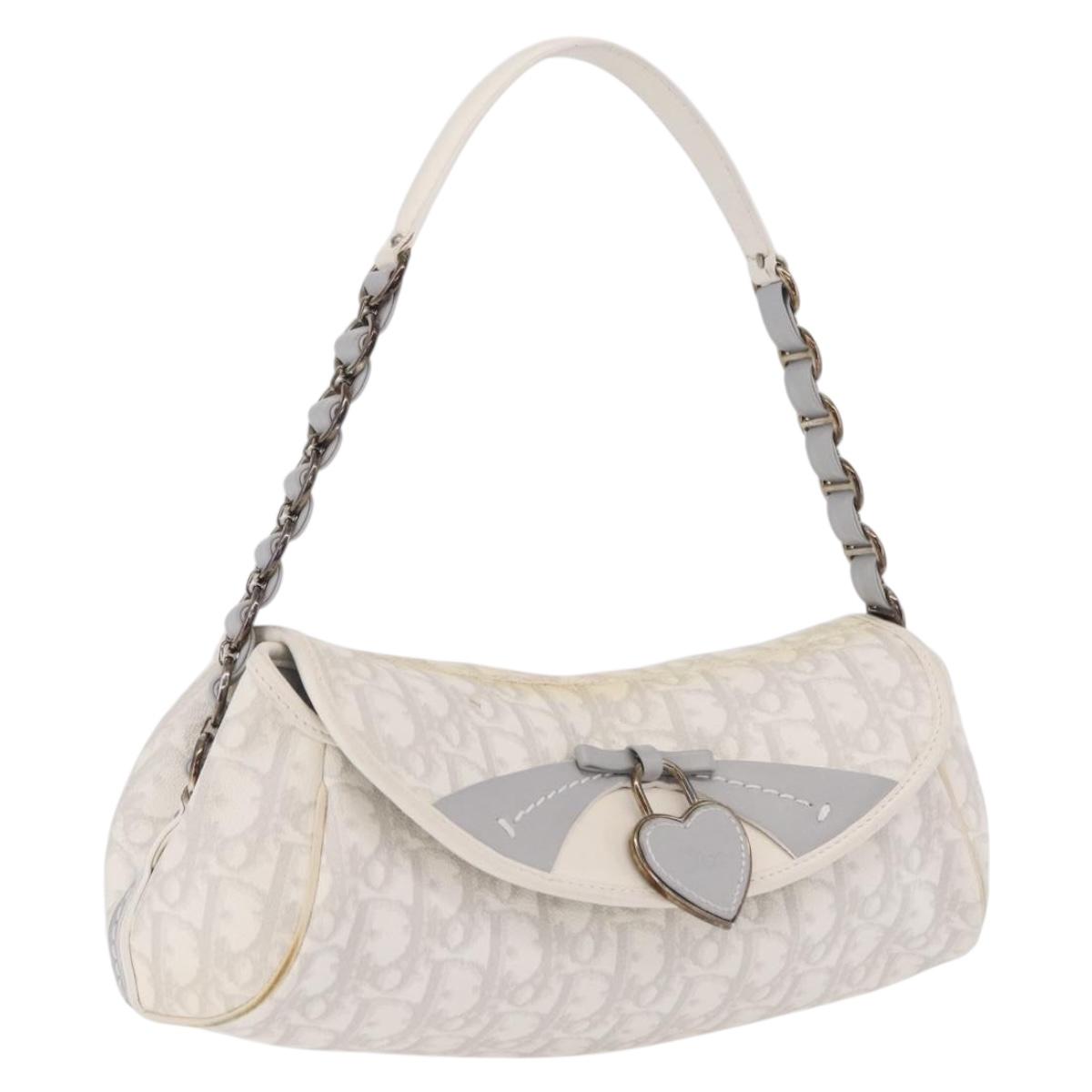 Christian Dior Trotter Canvas Romantic Chain Bag PVC White Silver Auth 207087A