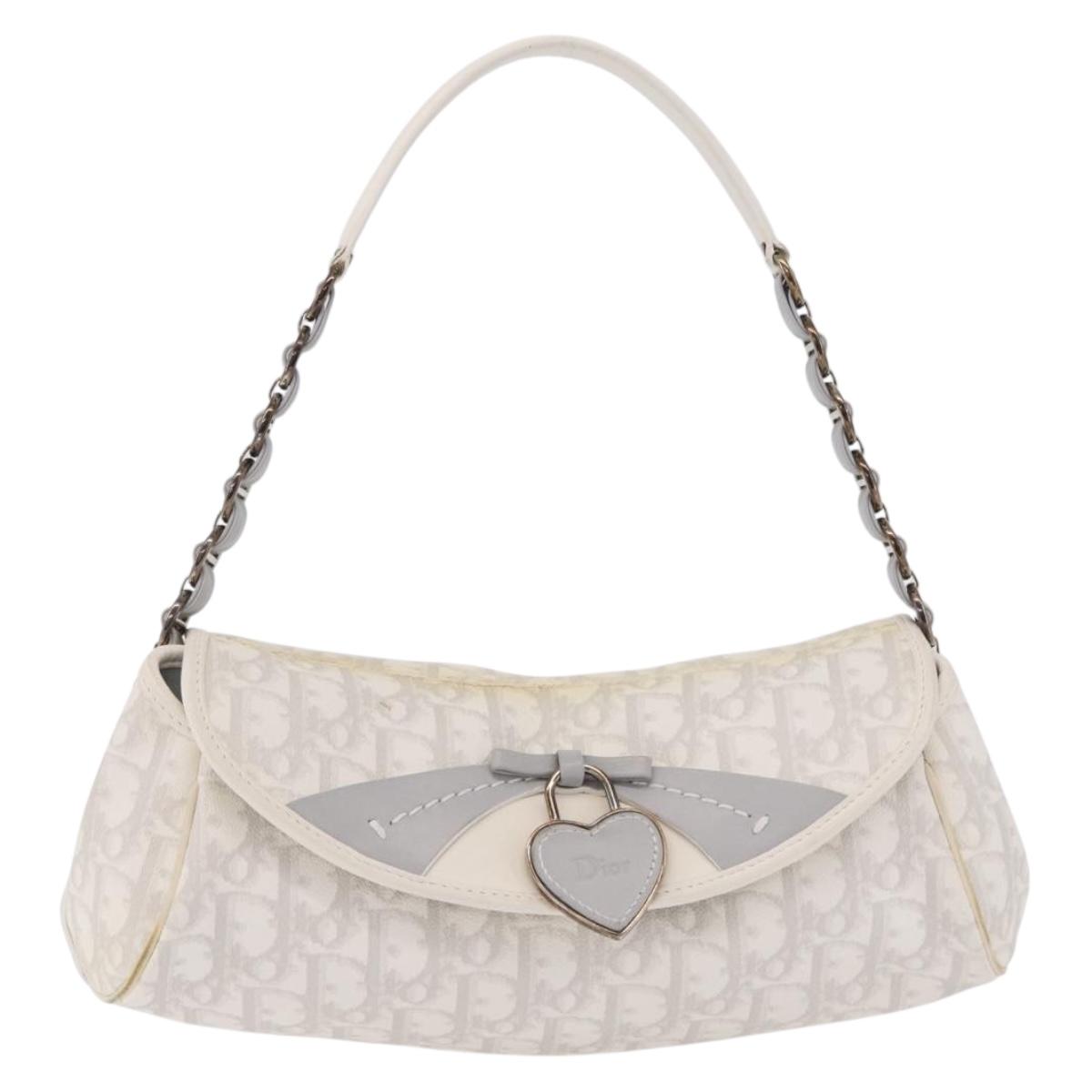 Christian Dior Trotter Canvas Romantic Chain Bag PVC White Silver Auth 207087A