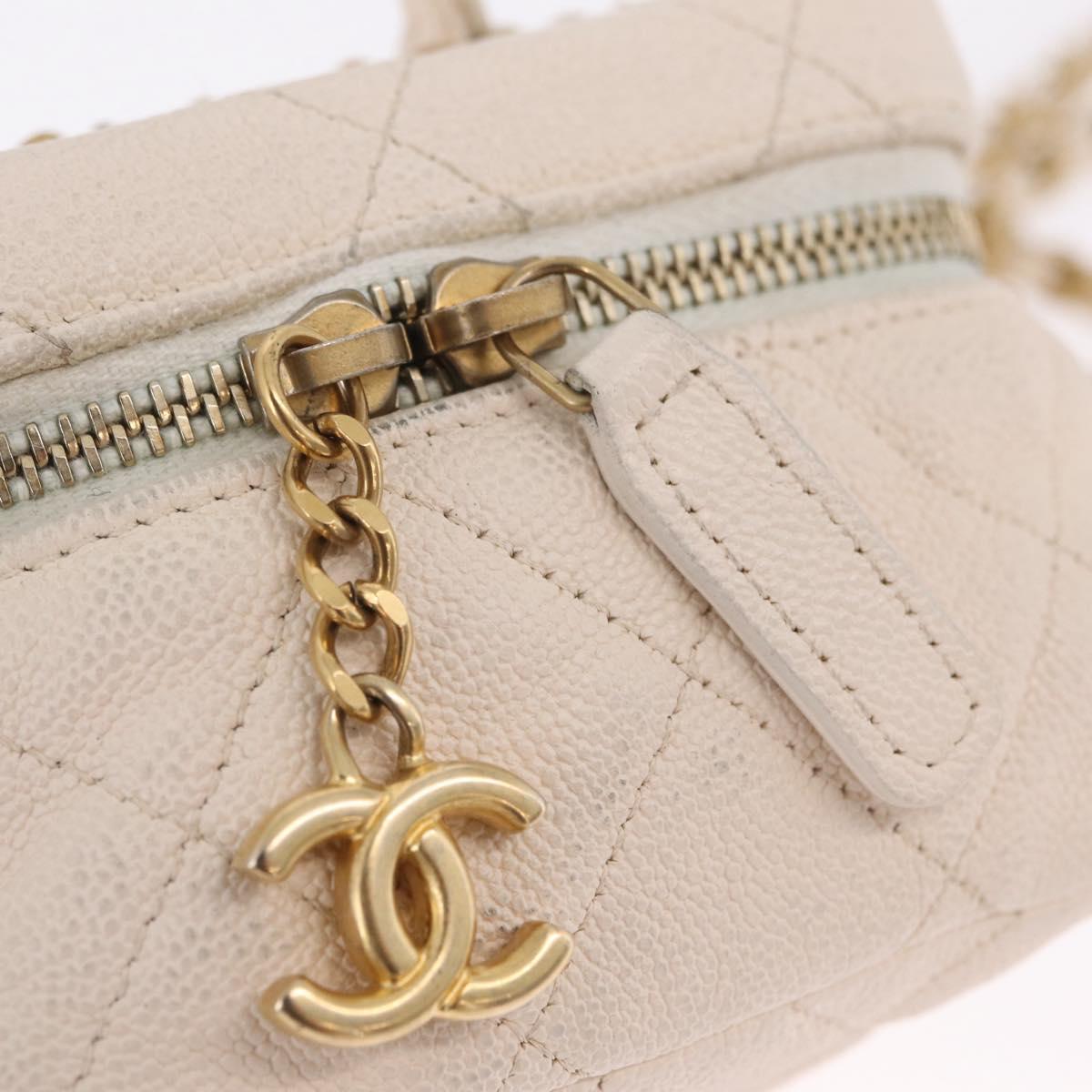 CHANEL Matelasse Vanity Chain Shoulder Pouch Caviar Skin White CC Auth 207090V