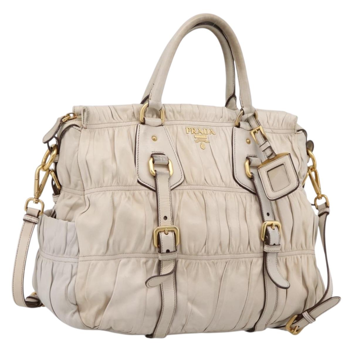 PRADA Gathered Hand Bag Leather 2way Beige Gold Auth 207092A