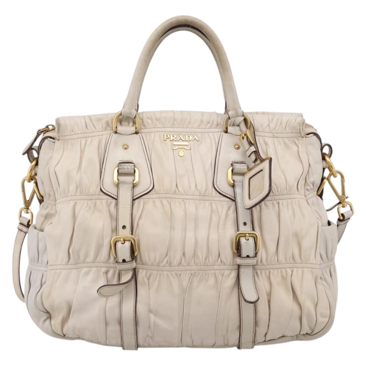 PRADA Gathered Hand Bag Leather 2way Beige Gold Auth 207092A