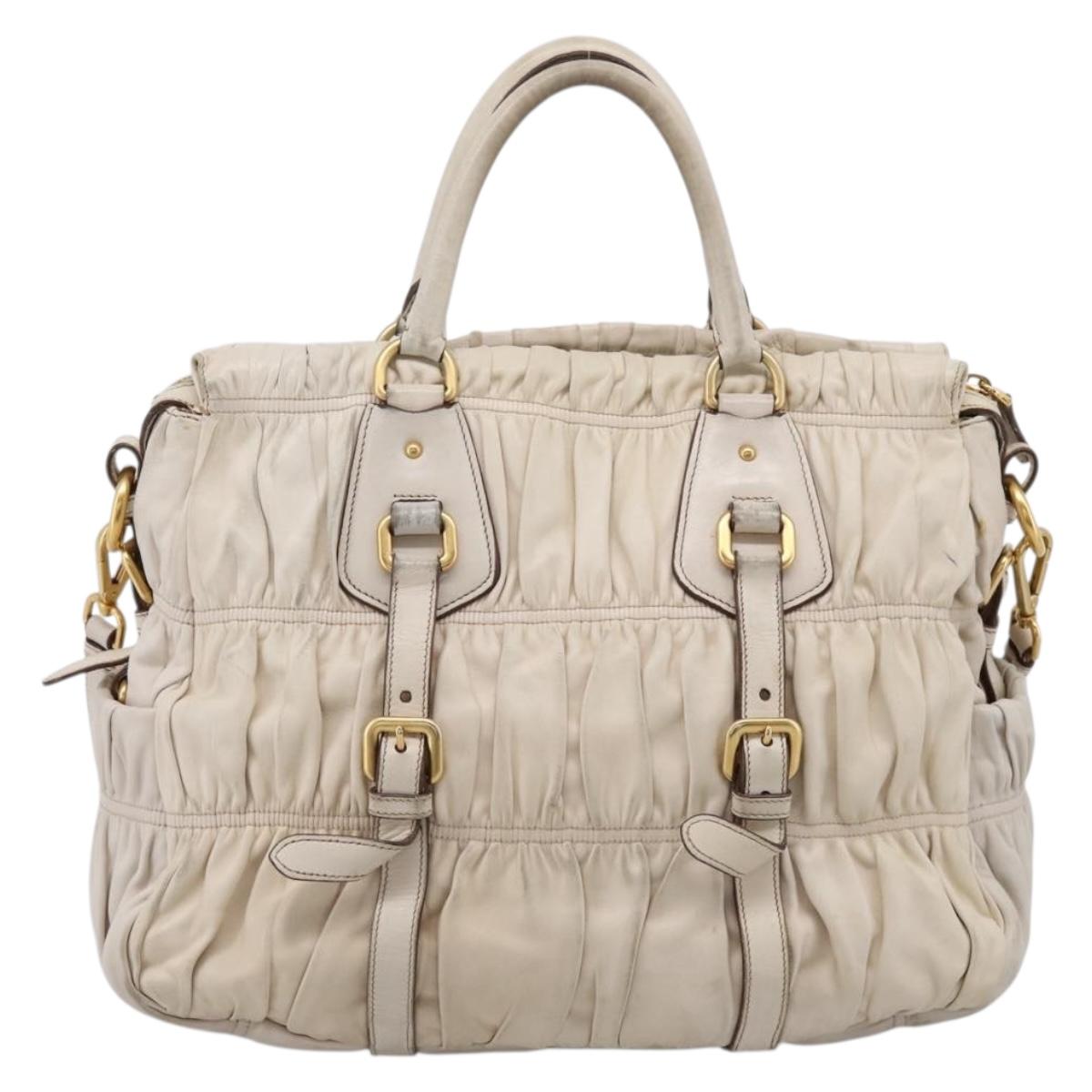 PRADA Gathered Hand Bag Leather 2way Beige Gold Auth 207092A