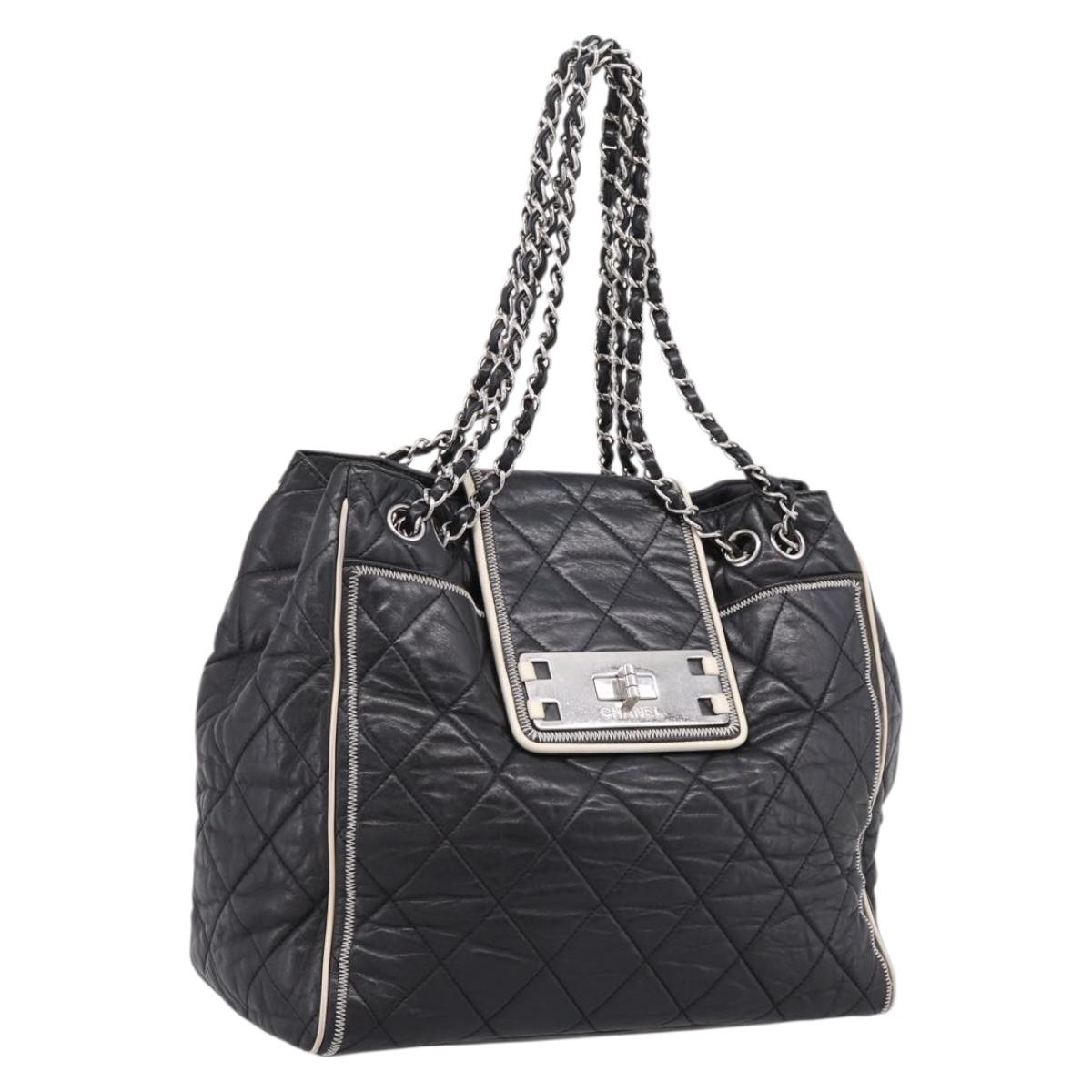 CHANEL Matelasse Chain Tote Bag Calf Skin Black Silver CC Auth 207094A
