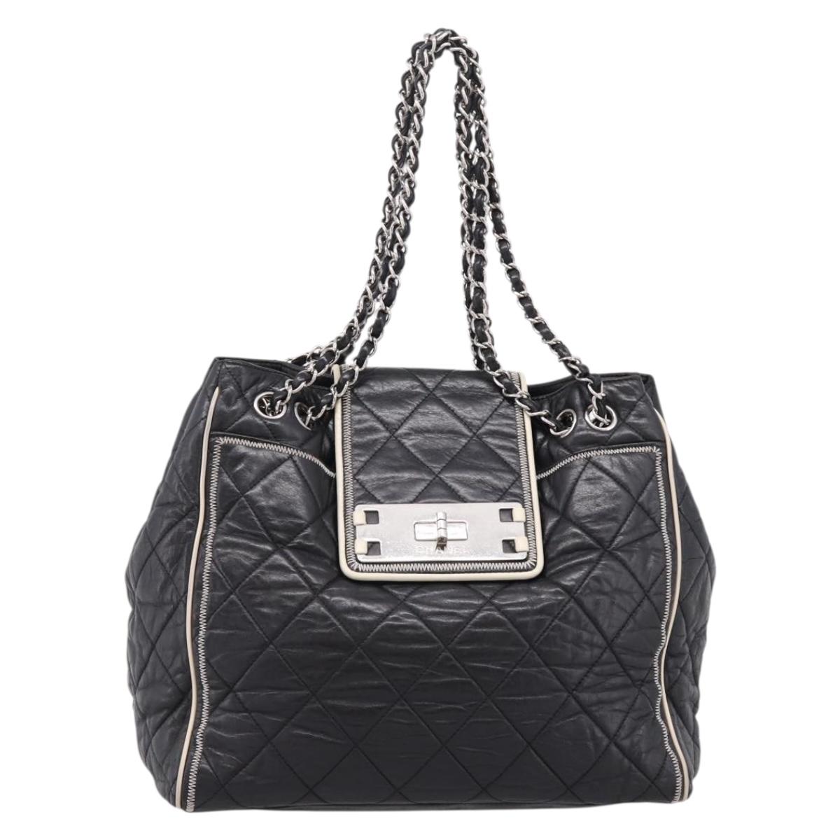 CHANEL Matelasse Chain Tote Bag Calf Skin Black Silver CC Auth 207094A