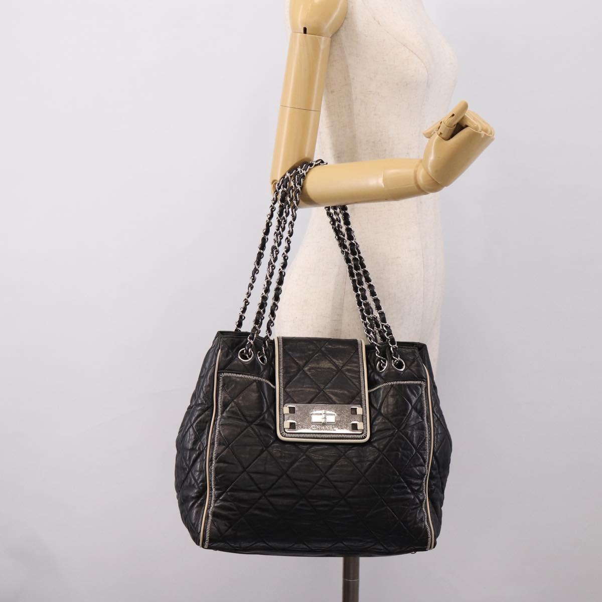 CHANEL Matelasse Chain Tote Bag Calf Skin Black Silver CC Auth 207094A