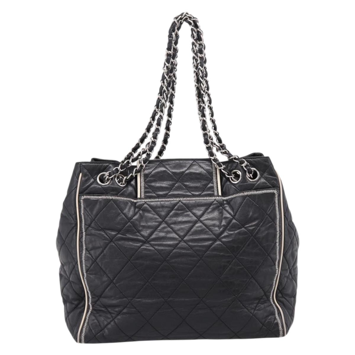 CHANEL Matelasse Chain Tote Bag Calf Skin Black Silver CC Auth 207094A