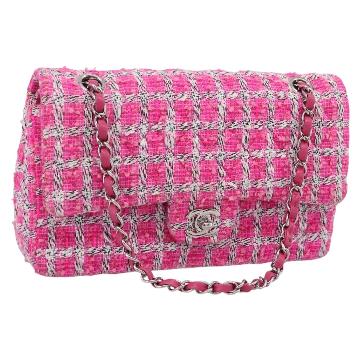 CHANEL Chain Matelasse 25 Shoulder Bag tweed Pink Silver CC Auth 207101SM