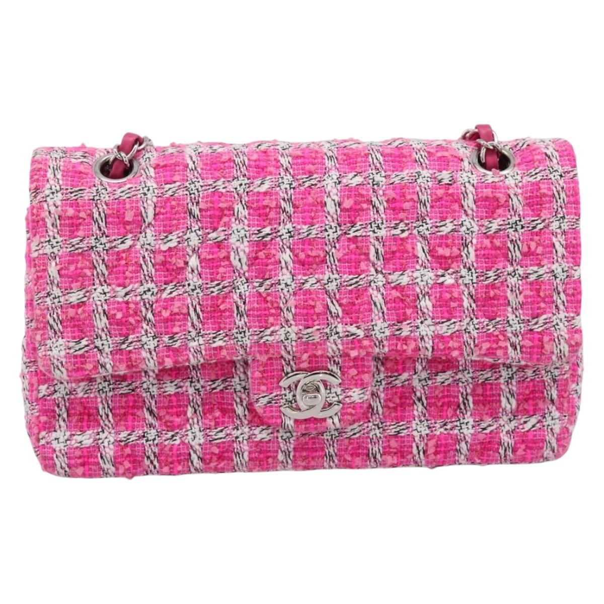 CHANEL Chain Matelasse 25 Shoulder Bag tweed Pink Silver CC Auth 207101SM