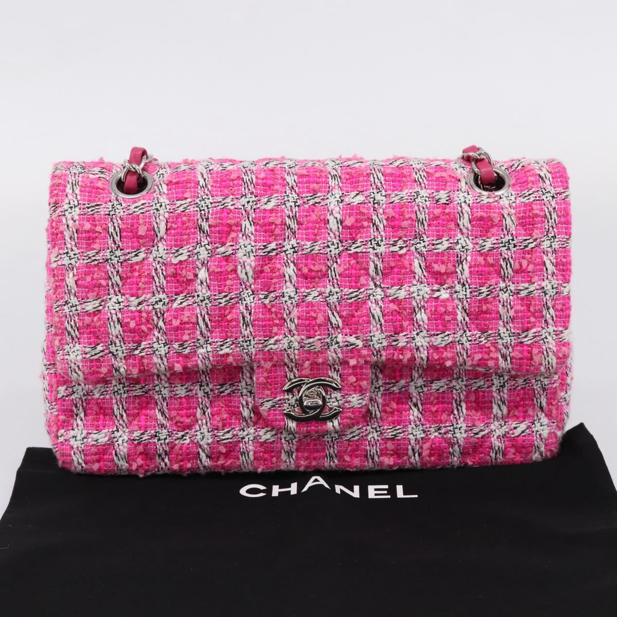 CHANEL Chain Matelasse 25 Shoulder Bag tweed Pink Silver CC Auth 207101SM
