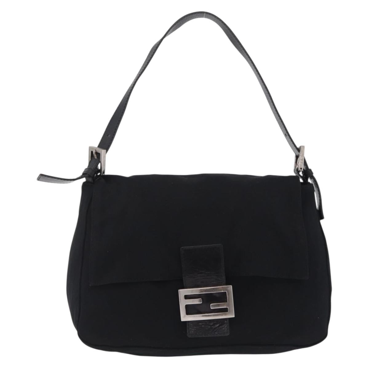 FENDI Mamma Baguette Shoulder Bag Cotton jersey Black Silver Auth 207120