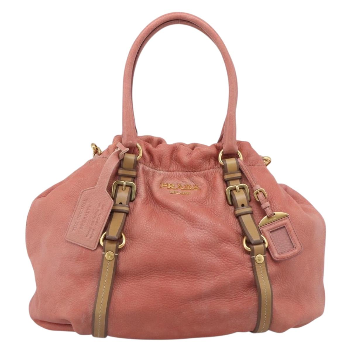 PRADA Hand Bag Vittero Dino Leather 2way Pink Gold Auth 207141A