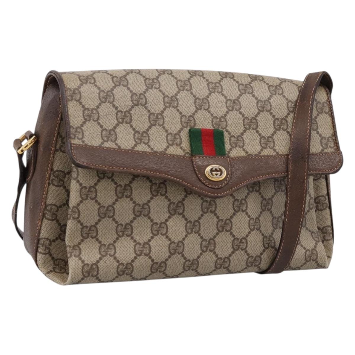 GUCCI GG Supreme Web Sherry Line Bag PVC Beige Gold 164 02 084 Auth 207146