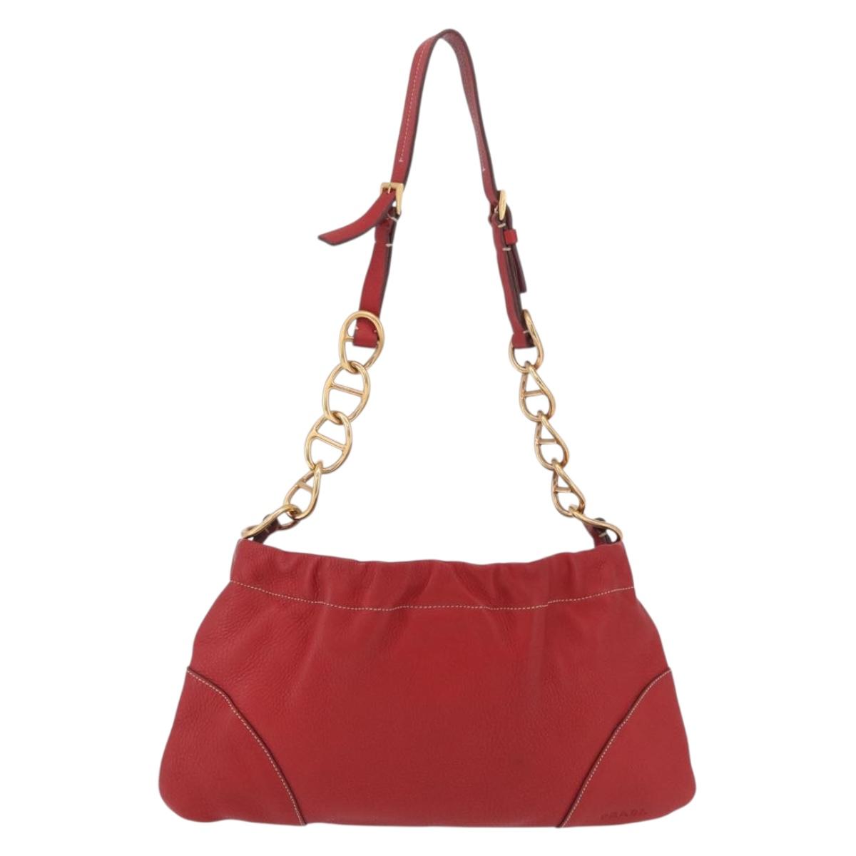 PRADA Chain Shoulder Bag Vittero Dino Leather Red Gold Auth 207148A