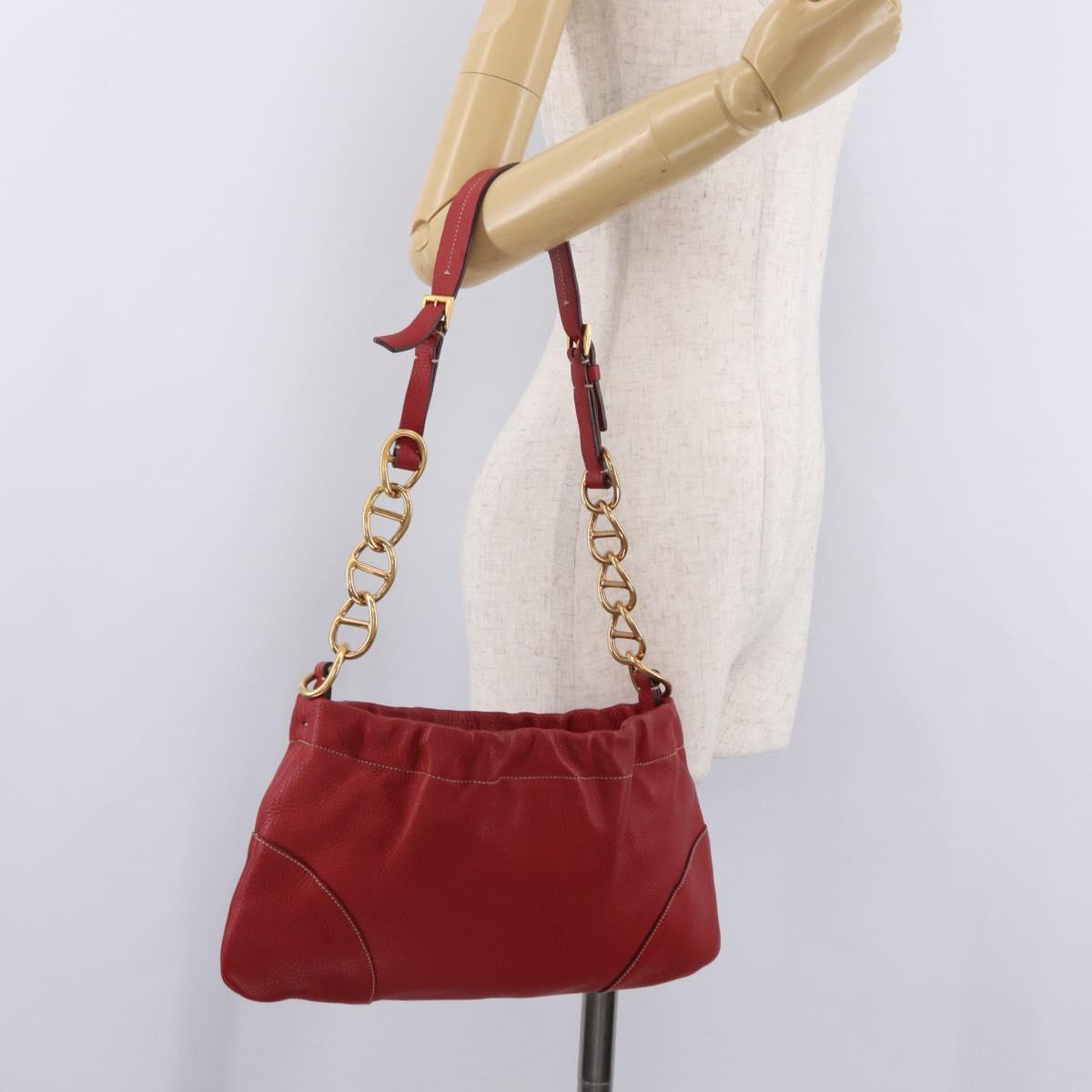 PRADA Chain Shoulder Bag Vittero Dino Leather Red Gold Auth 207148A