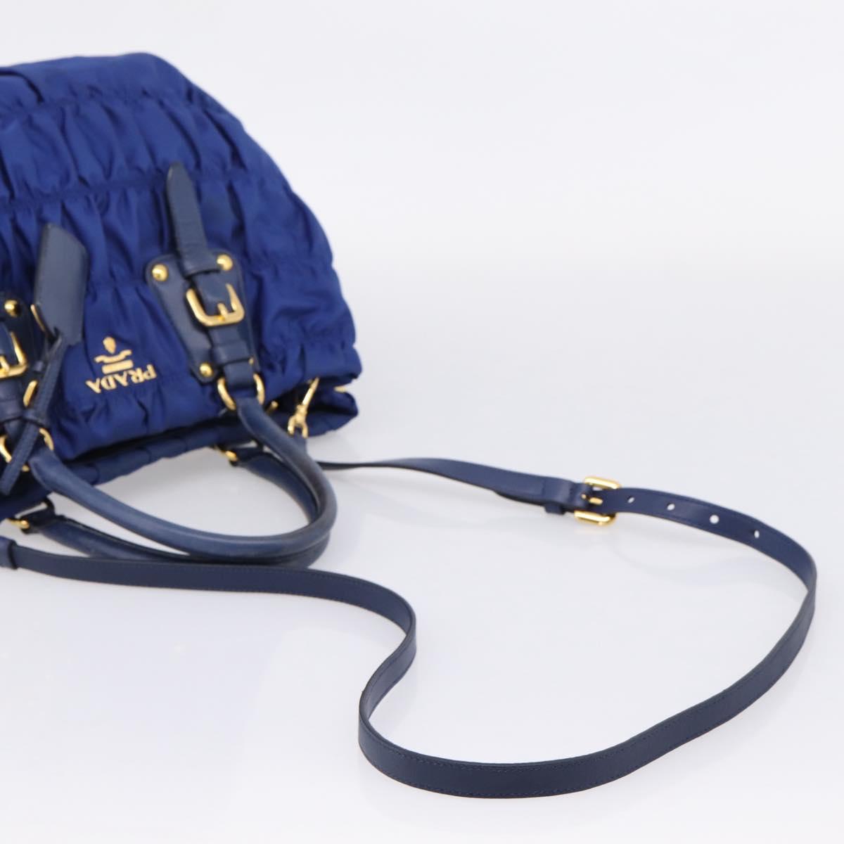 PRADA Gathered Hand Bag Nylon 2way Blue Gold Auth 207154A
