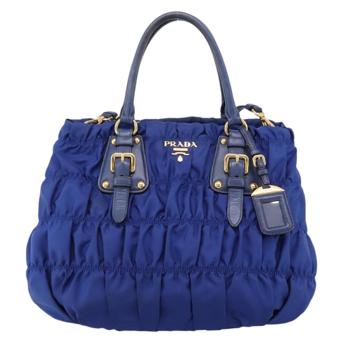 PRADA Gathered Hand Bag Nylon 2way Blue Gold Auth 207154A