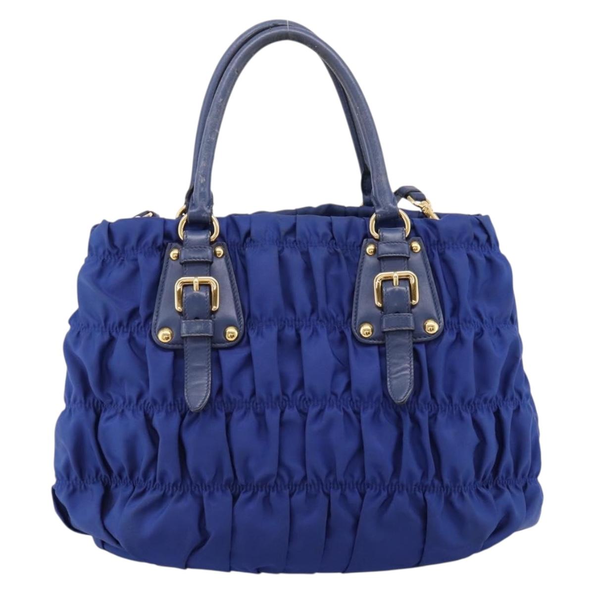 PRADA Gathered Hand Bag Nylon 2way Blue Gold Auth 207154A