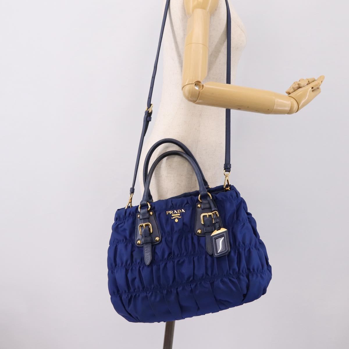 PRADA Gathered Hand Bag Nylon 2way Blue Gold Auth 207154A