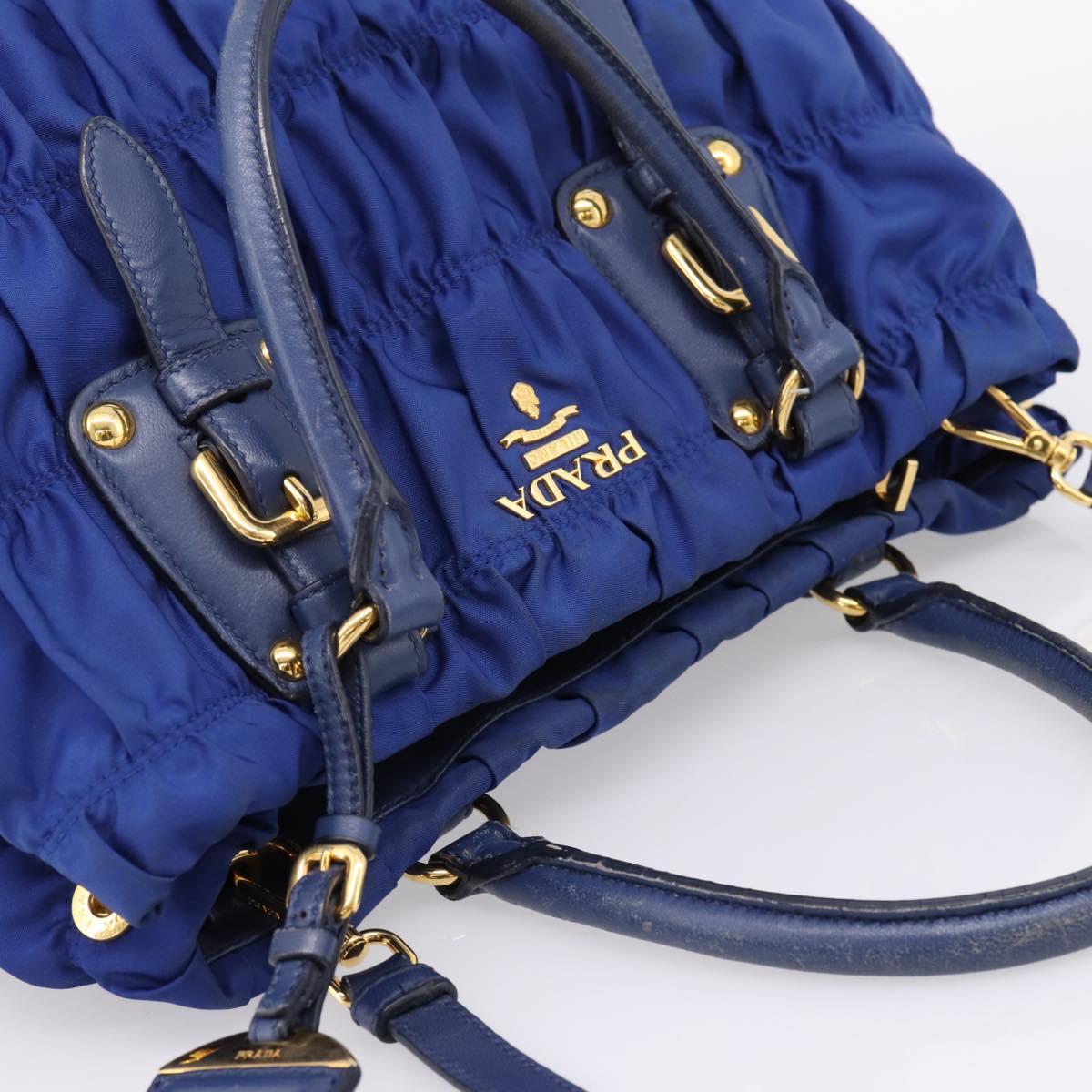 PRADA Gathered Hand Bag Nylon 2way Blue Gold Auth 207154A