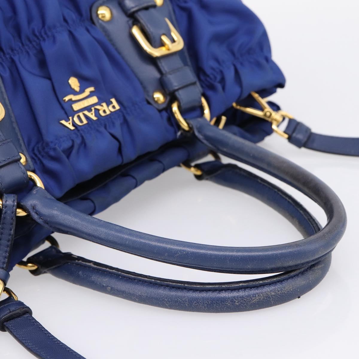 PRADA Gathered Hand Bag Nylon 2way Blue Gold Auth 207154A