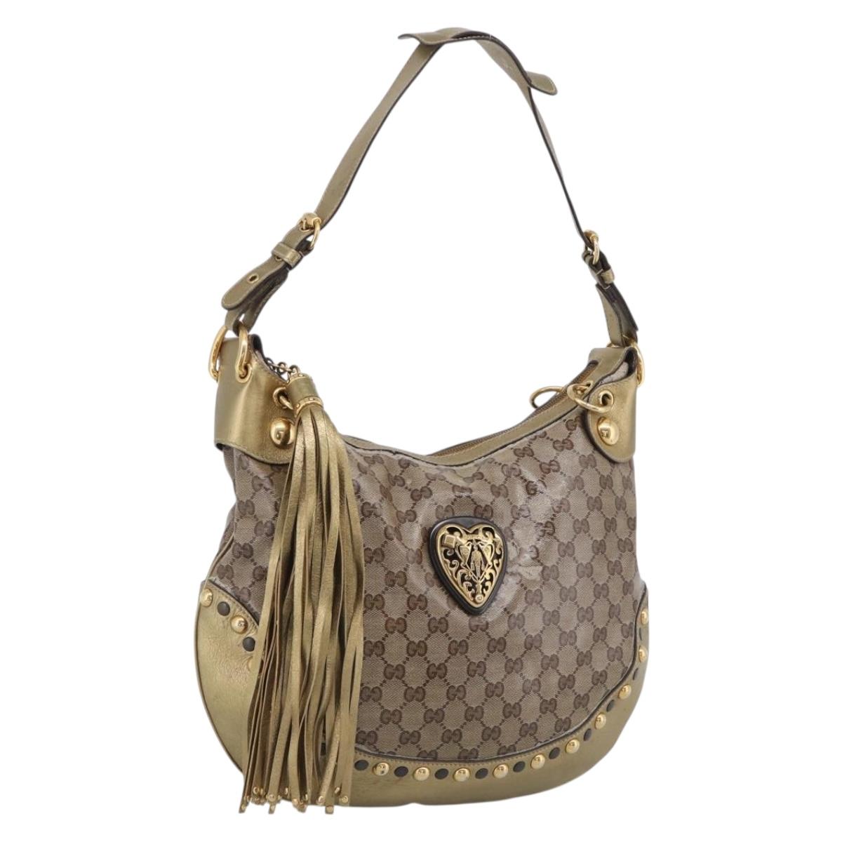 GUCCI GG Crystal Shoulder Bag Patent leather Beige Gold Auth 207208