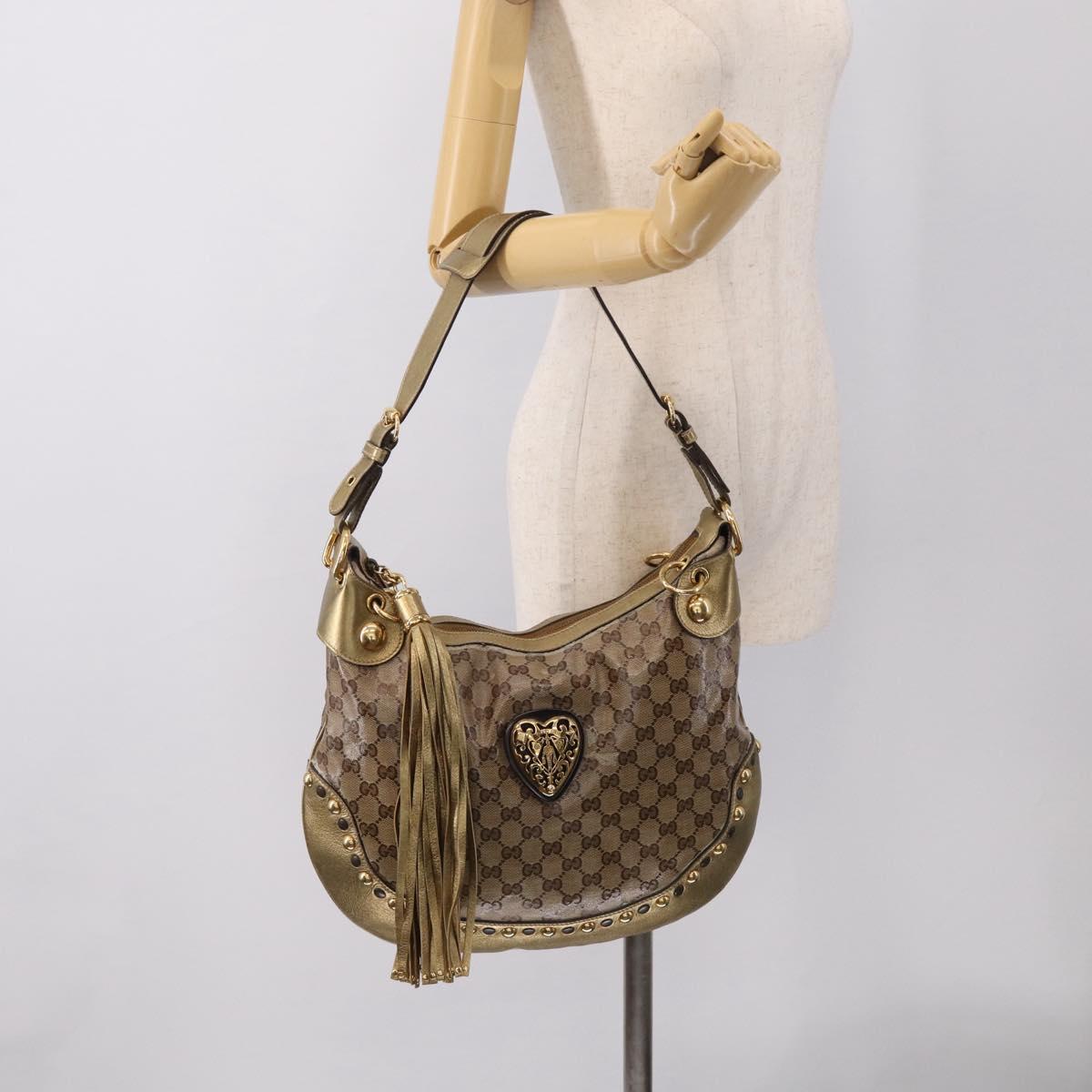 GUCCI GG Crystal Shoulder Bag Patent leather Beige Gold Auth 207208