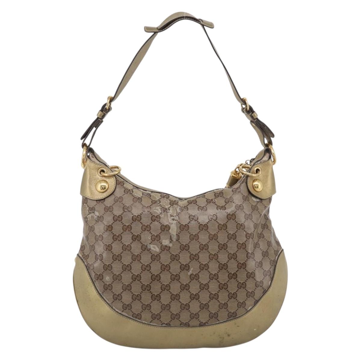 GUCCI GG Crystal Shoulder Bag Patent leather Beige Gold Auth 207208