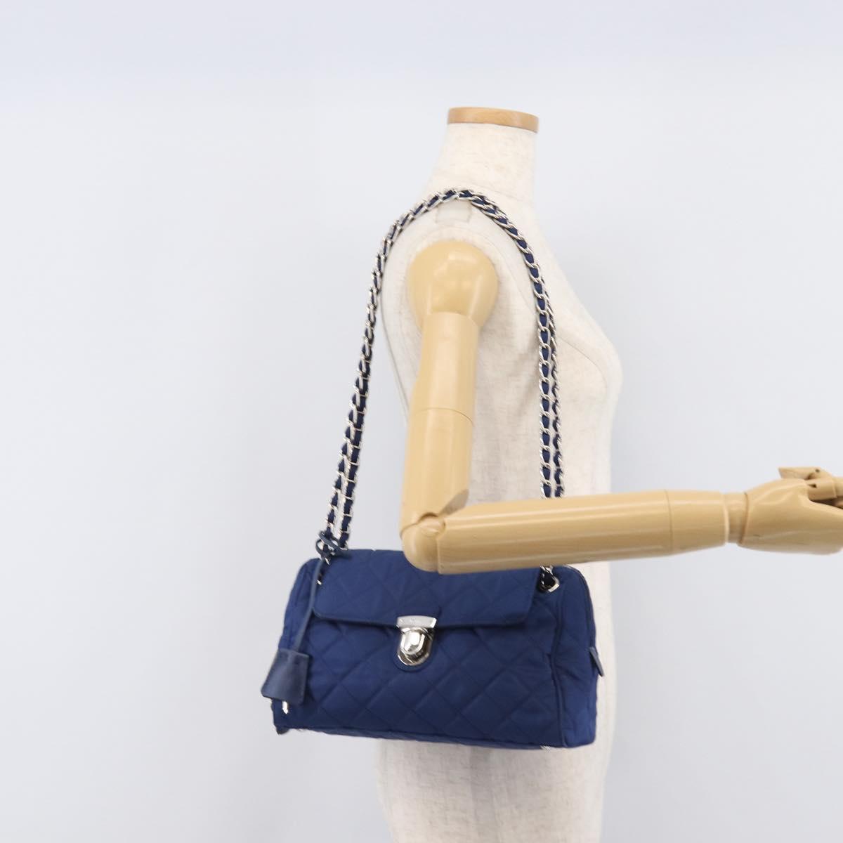 PRADA Chain Shoulder Bag Nylon Blue Silver Auth 207212A