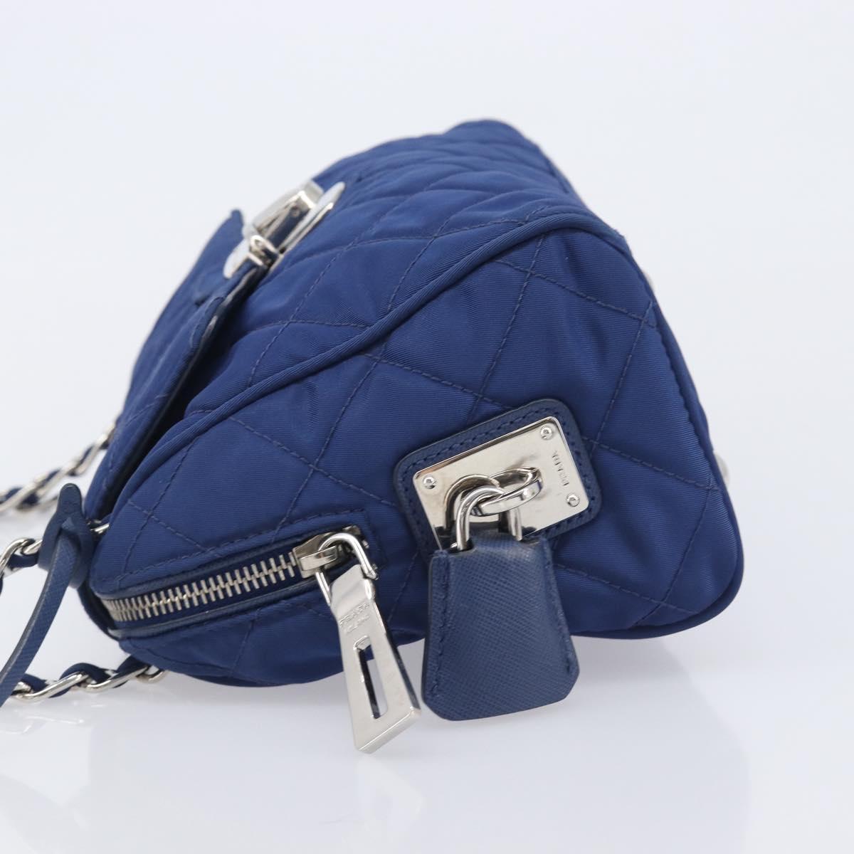 PRADA Chain Shoulder Bag Nylon Blue Silver Auth 207212A