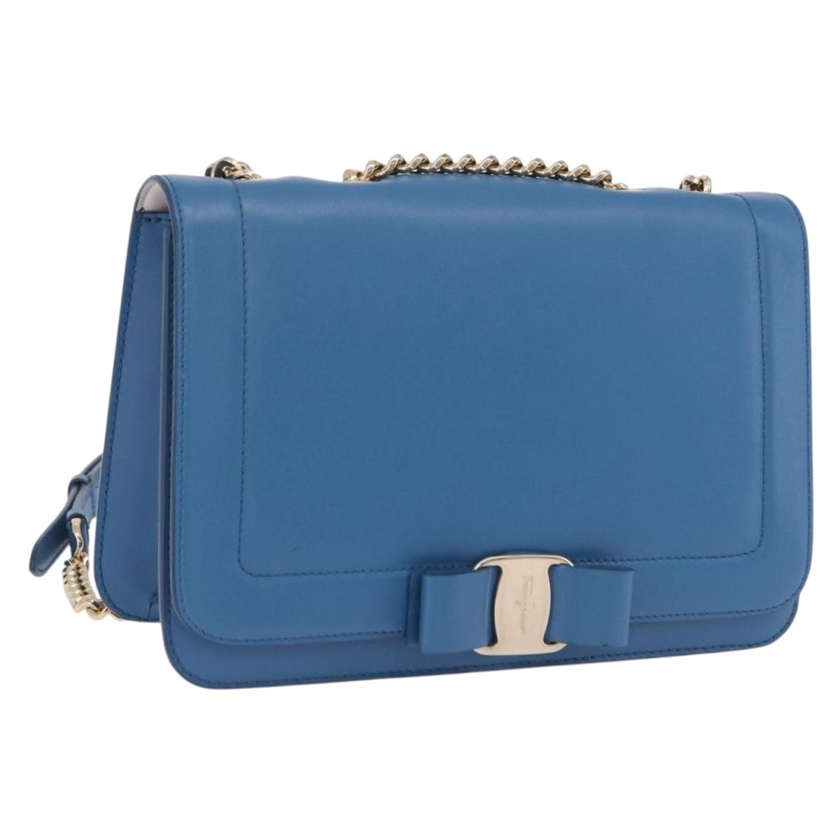 Salvatore Ferragamo Vala Chain Shoulder Bag Leather Blue Gold Auth 207221V