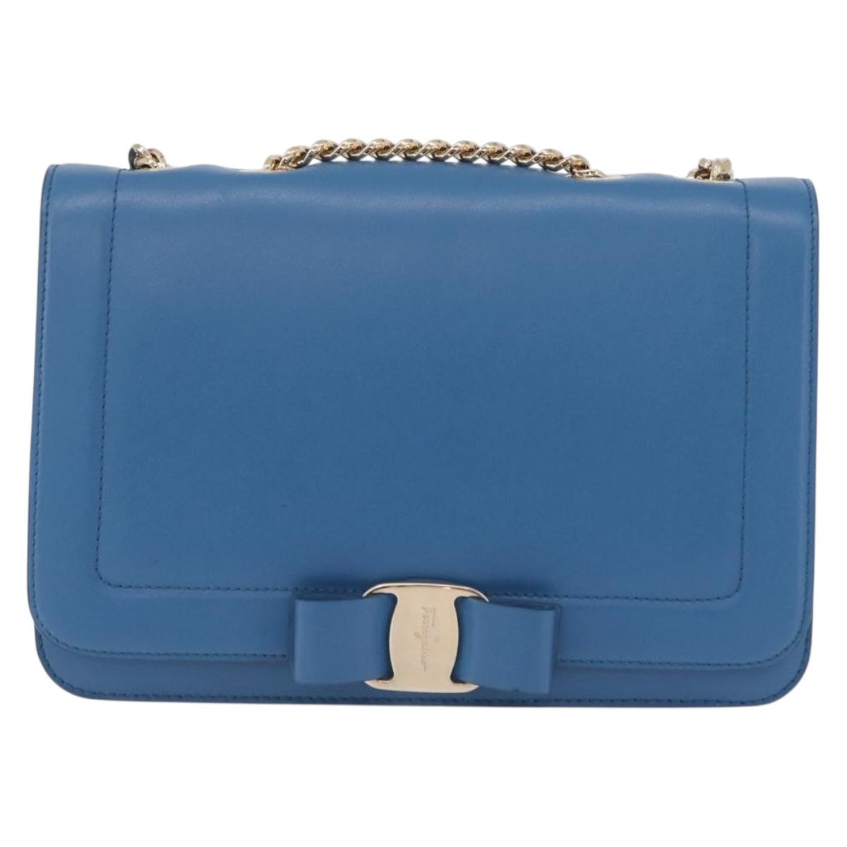 Salvatore Ferragamo Vala Chain Shoulder Bag Leather Blue Gold Auth 207221V