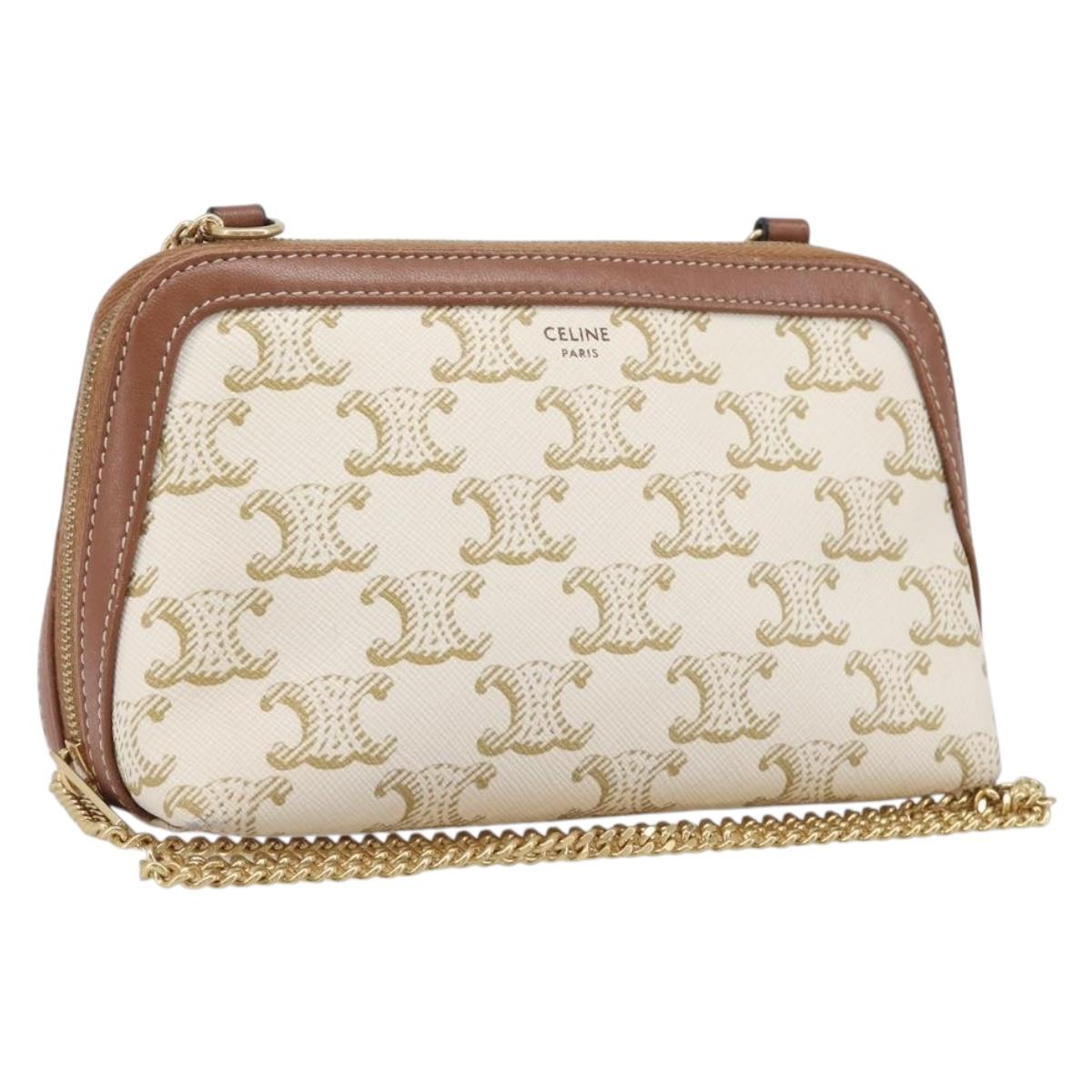 CELINE Triomphe Chain Shoulder Bag PVC White Gold Auth 207222A