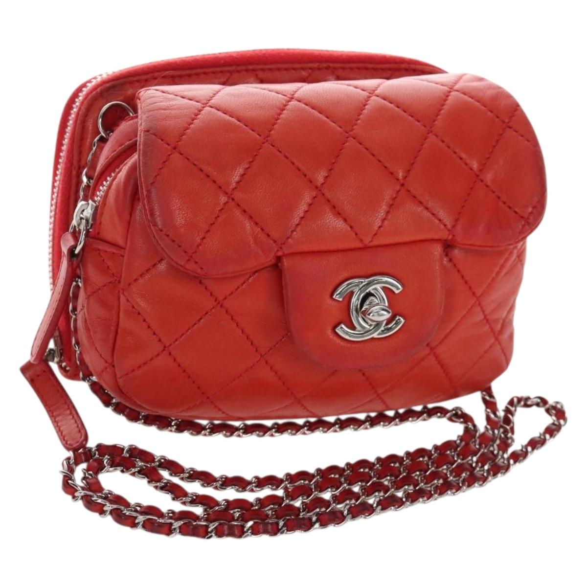 CHANEL Matelasse Chain Shoulder Wallet Lamb Skin Orange Silver CC Auth 207243V
