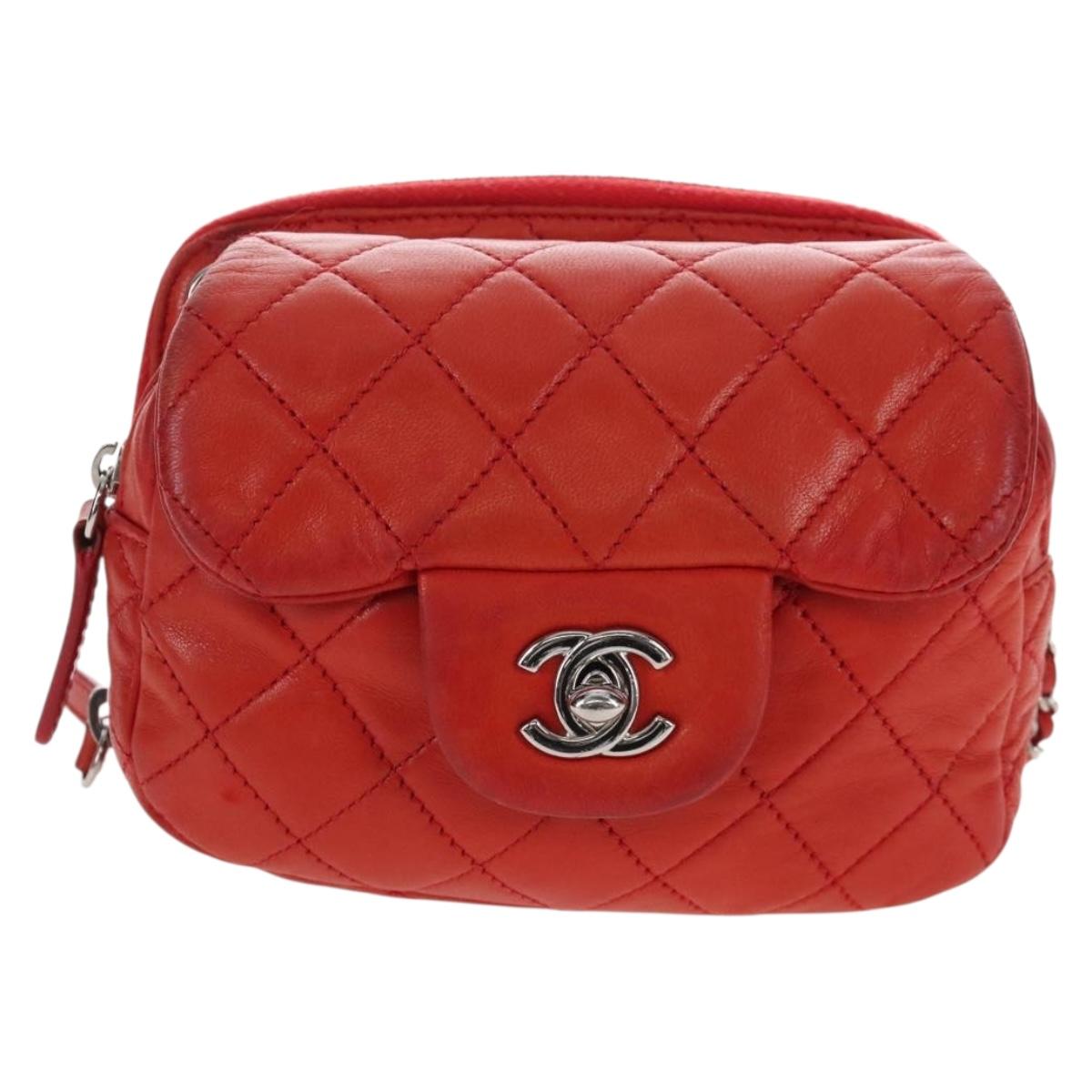 CHANEL Matelasse Chain Shoulder Wallet Lamb Skin Orange Silver CC Auth 207243V