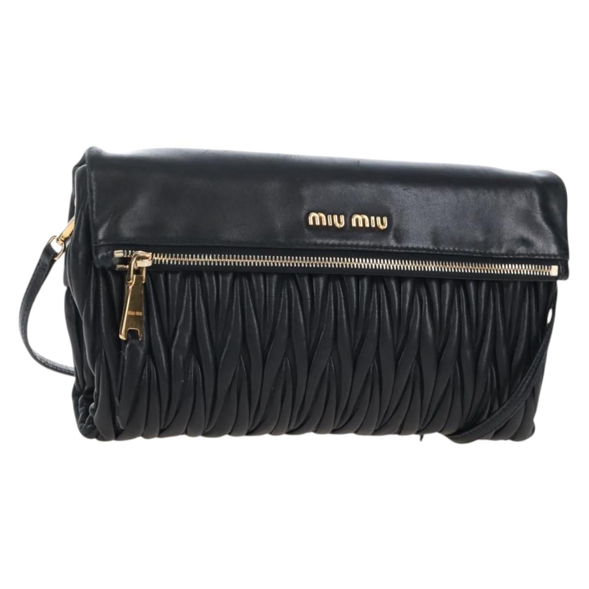 Miu Miu Matelasse Shoulder Bag Leather Black Gold Tone Auth 207246V