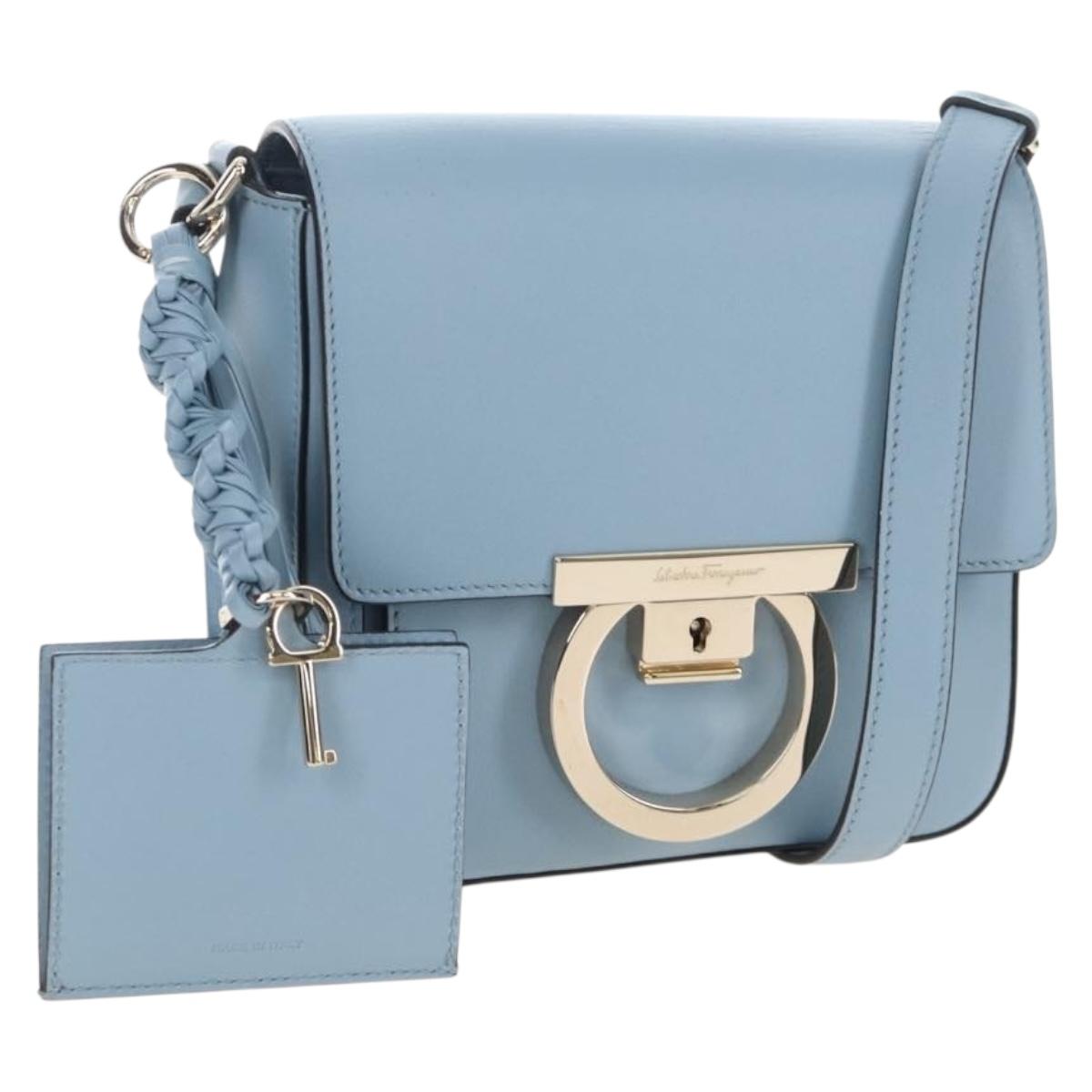 Salvatore Ferragamo Gancini Shoulder Bag Leather Light Blue Gold Auth 207289V