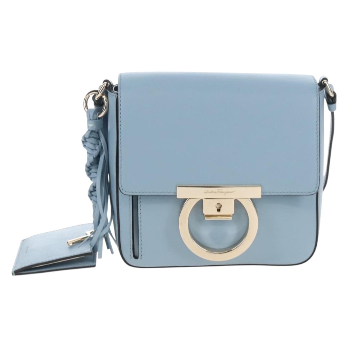 Salvatore Ferragamo Gancini Shoulder Bag Leather Light Blue Gold Auth 207289V