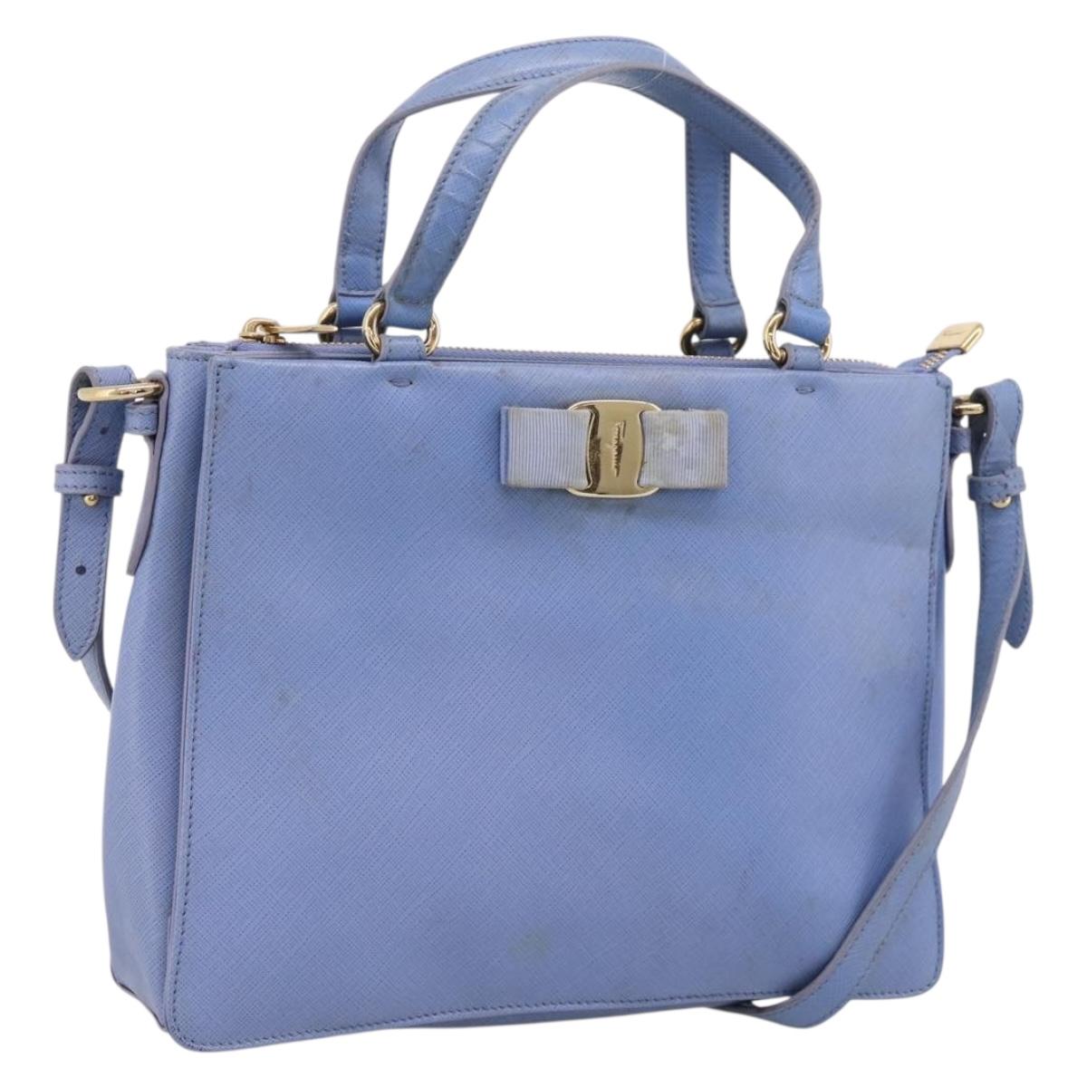 Salvatore Ferragamo Vala Hand Bag Leather 2way Blue Gold Tone Auth 207304