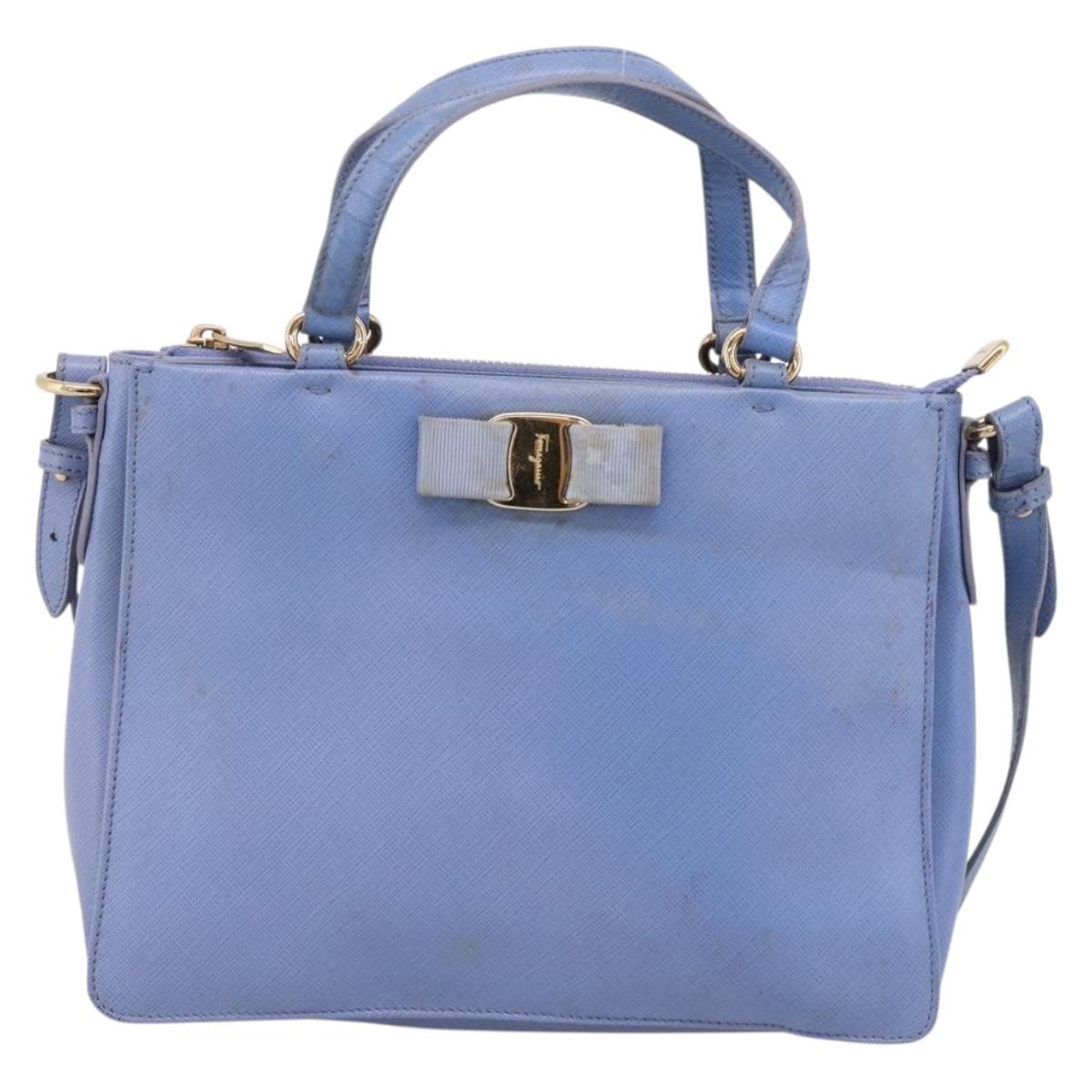 Salvatore Ferragamo Vala Hand Bag Leather 2way Blue Gold Tone Auth 207304