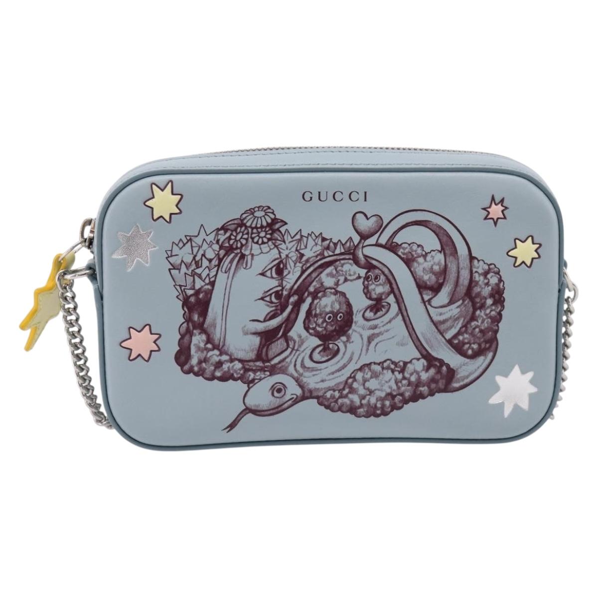 GUCCI Yuko Higuchi Chain Shoulder Bag Leather Light Blue 860648 Auth 207306M