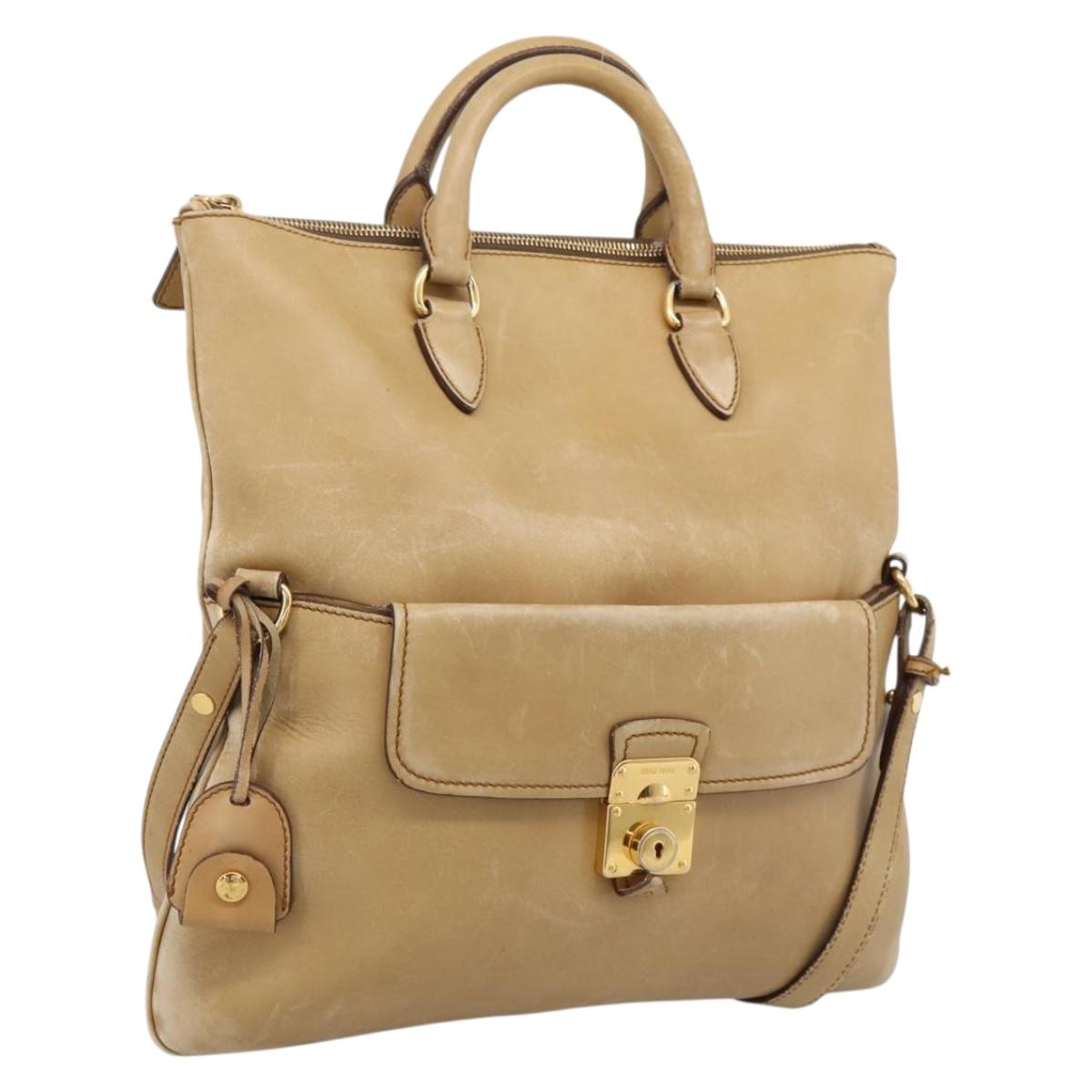 Miu Miu Hand Bag Leather 2way Beige Gold Tone Auth 207325