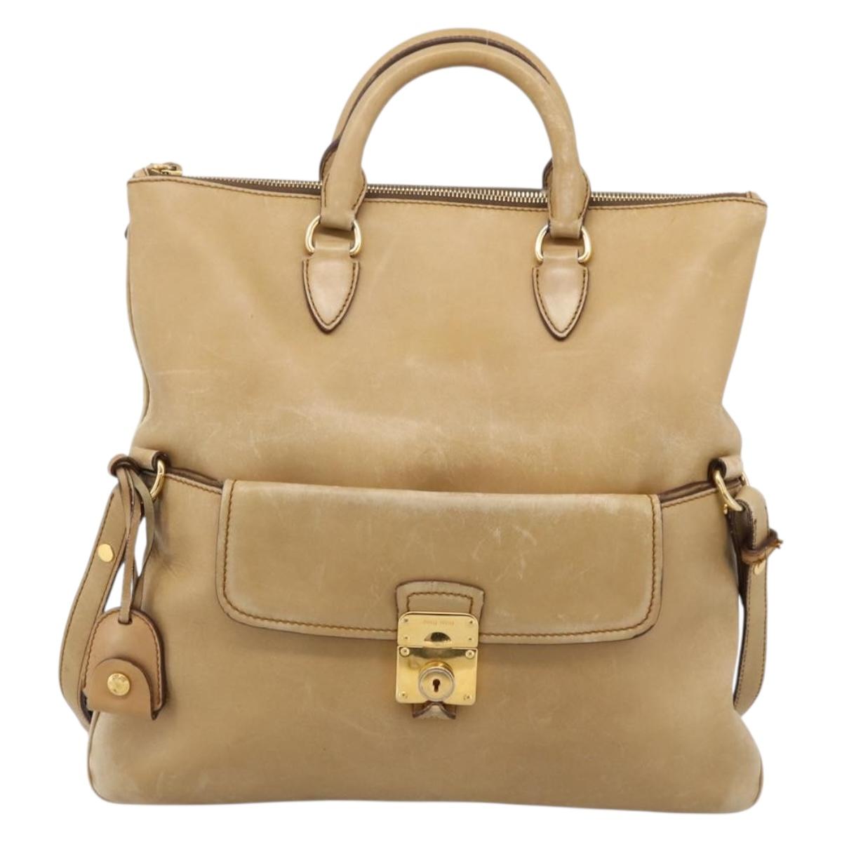 Miu Miu Hand Bag Leather 2way Beige Gold Tone Auth 207325
